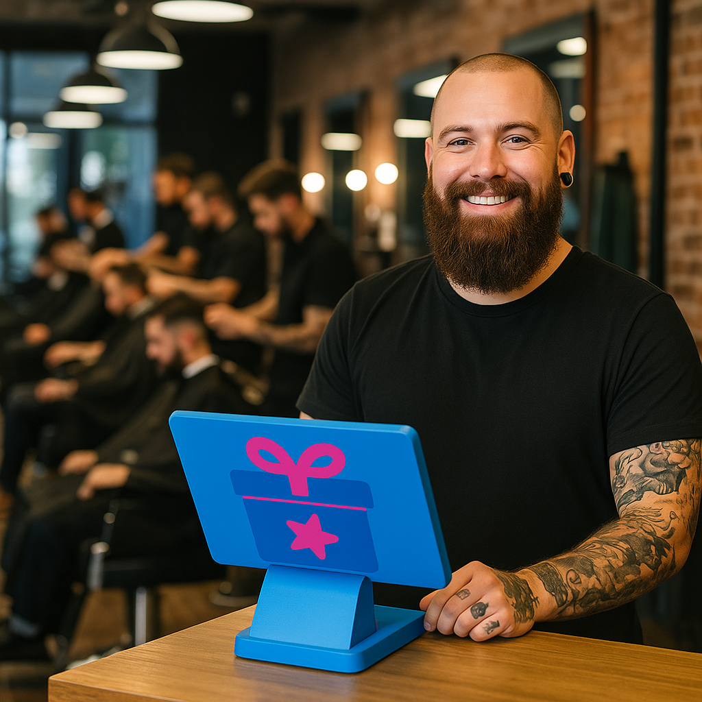 Barbero mostrando su teléfono a un cliente