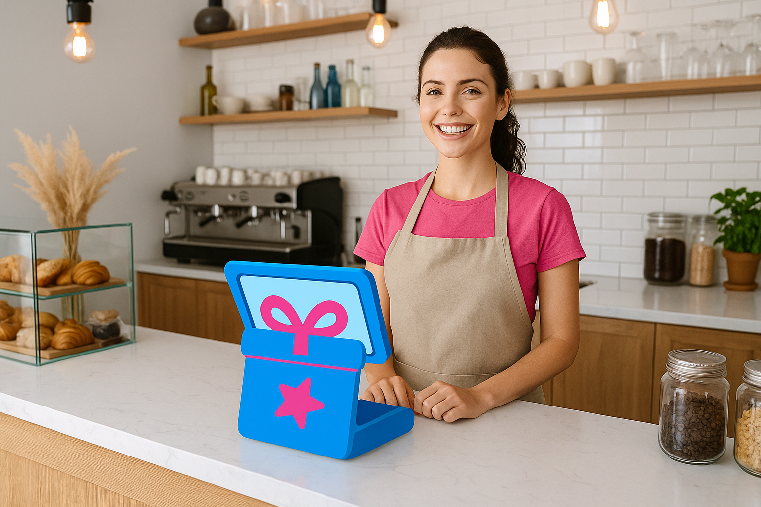 Dueña de una cafetería gestionando su programa de lealtad